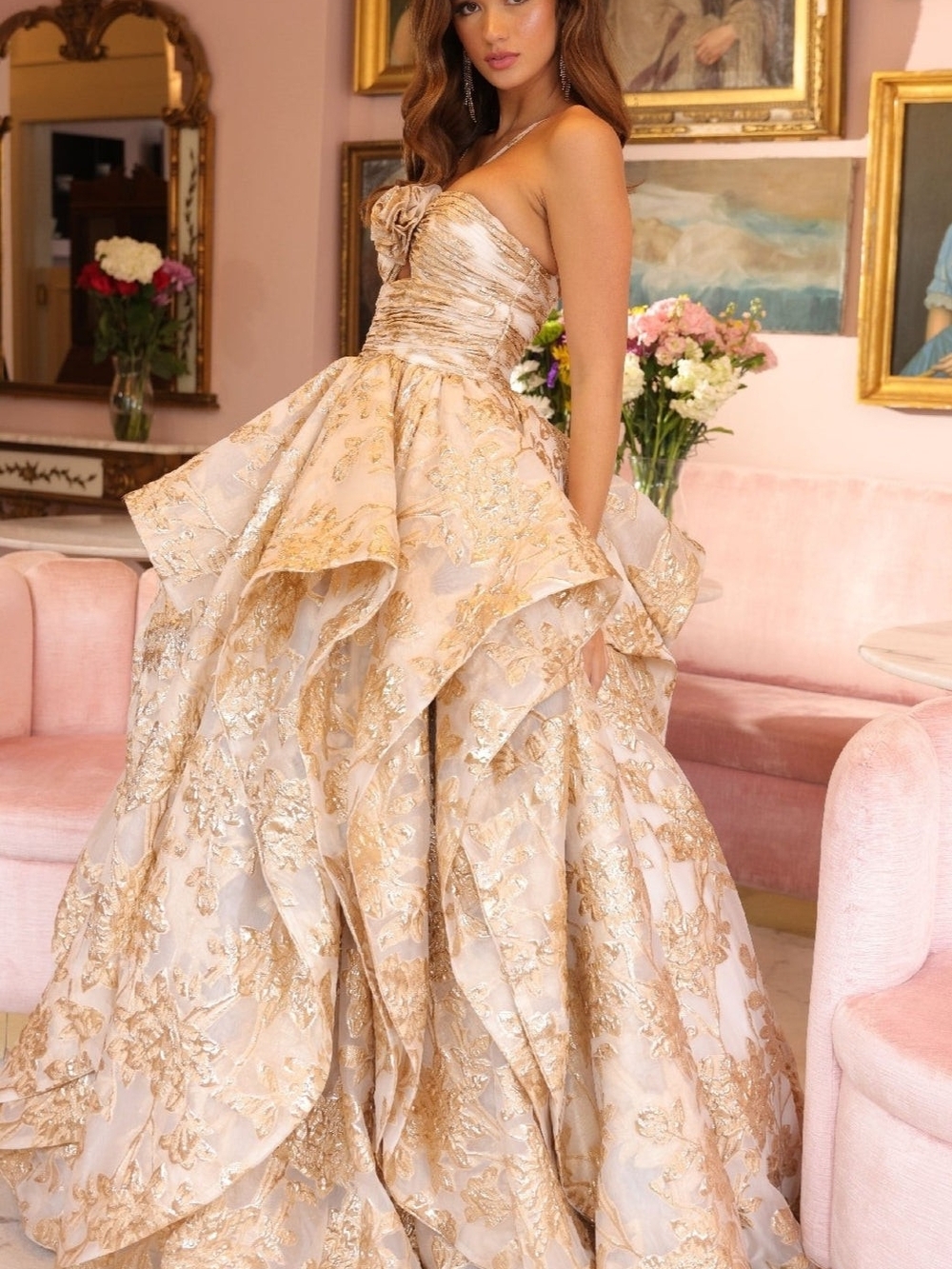 Strapless Gold Floral Ball Gown Dress